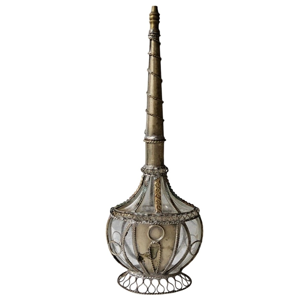 Irini Vintage Moroccan Rose Water Sprinkler Silver Gold Filigree Glass Bottle 10